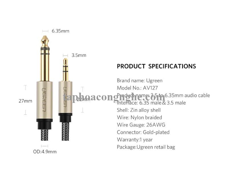 Ugreen 40805 3M màu Đen Cáp âm thanh 3.5mm sang 6.5mm cao cấp AV127 30040805